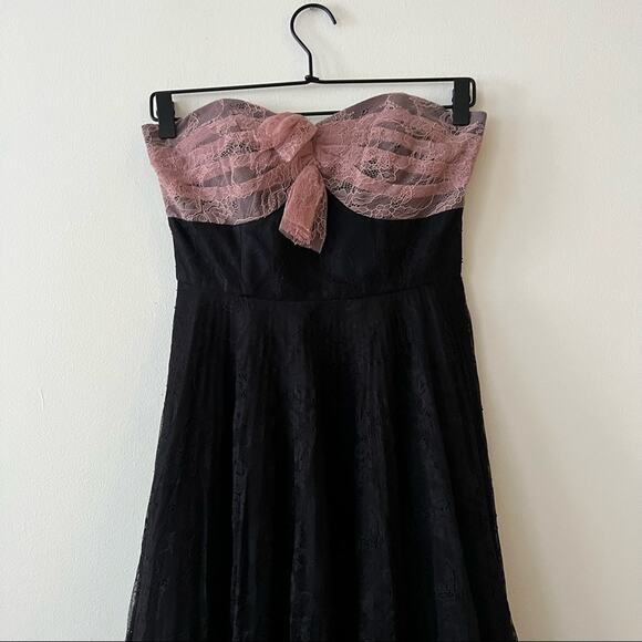 Anna Sui Black & Pink Pleated Lace Strapless Dress - Picture 5 of 9